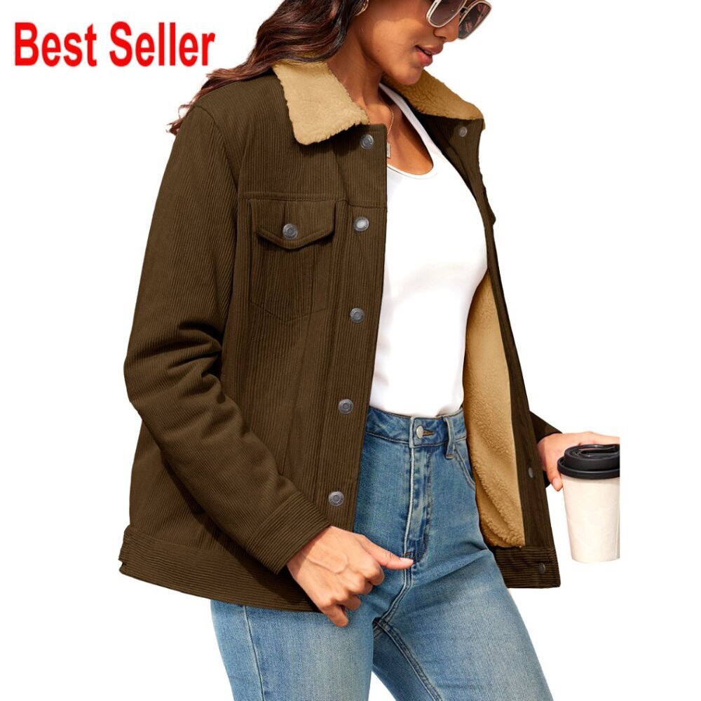 Corduroy Sherpa Fleece Lined Jacket Button Down Shacket Warm Winter Western Coat